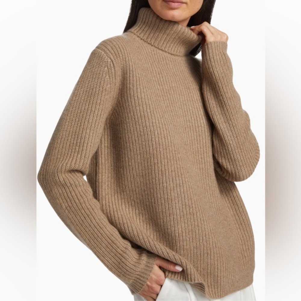 JENNI KAYNE RIB KNIT CASHMERE TURTLE NECK Sweater Beige Large